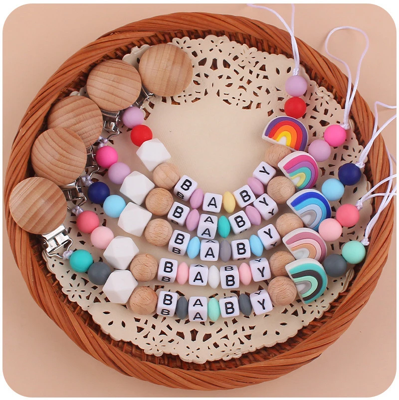 Personalized Name DIY Baby Pacifier Clips Wood Rainbow Dummy Nipples Holder Clip Chain Newborn Teething Toys Feeding Accessories