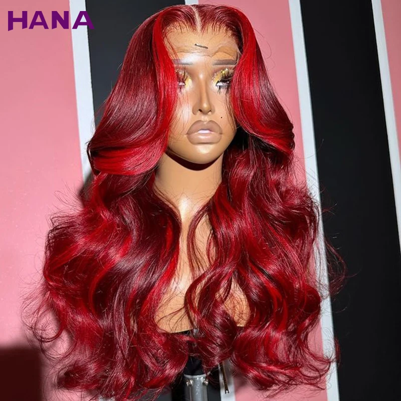 

Highlight 99 Red with Burgundy 99J Colored Body Wave Human Hair Wig PrePlucked Transparent 13X4 13X6 Lace Frontal Wig For Women