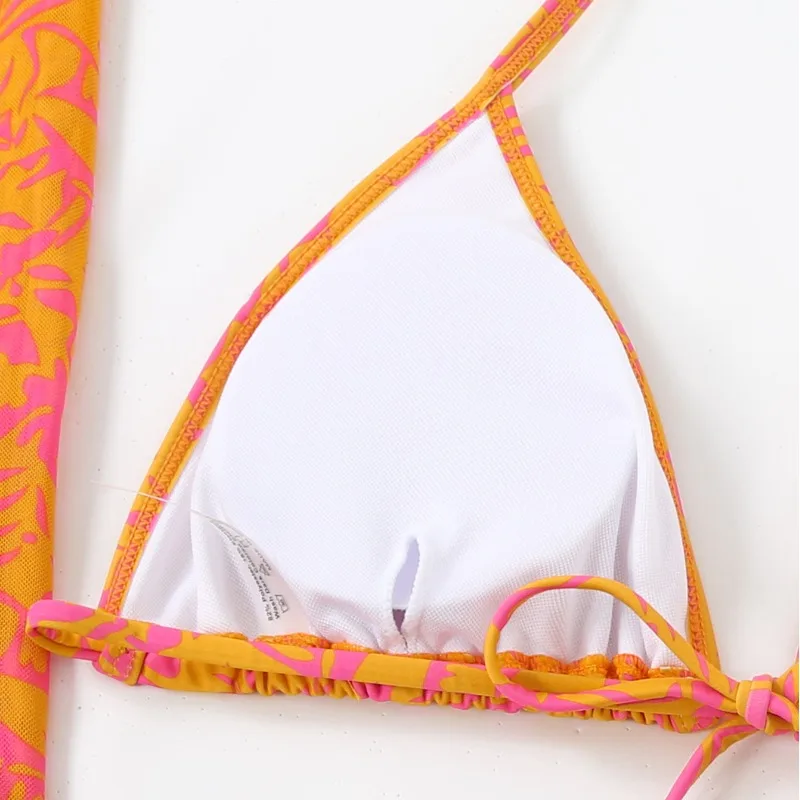 Conjunto de bañador de 3 piezas para mujer, traje de baño con cordón Sexy, conjunto de Bikini con falda de Sarong, ropa de playa, ropa de baño naranja, novedad de 2024