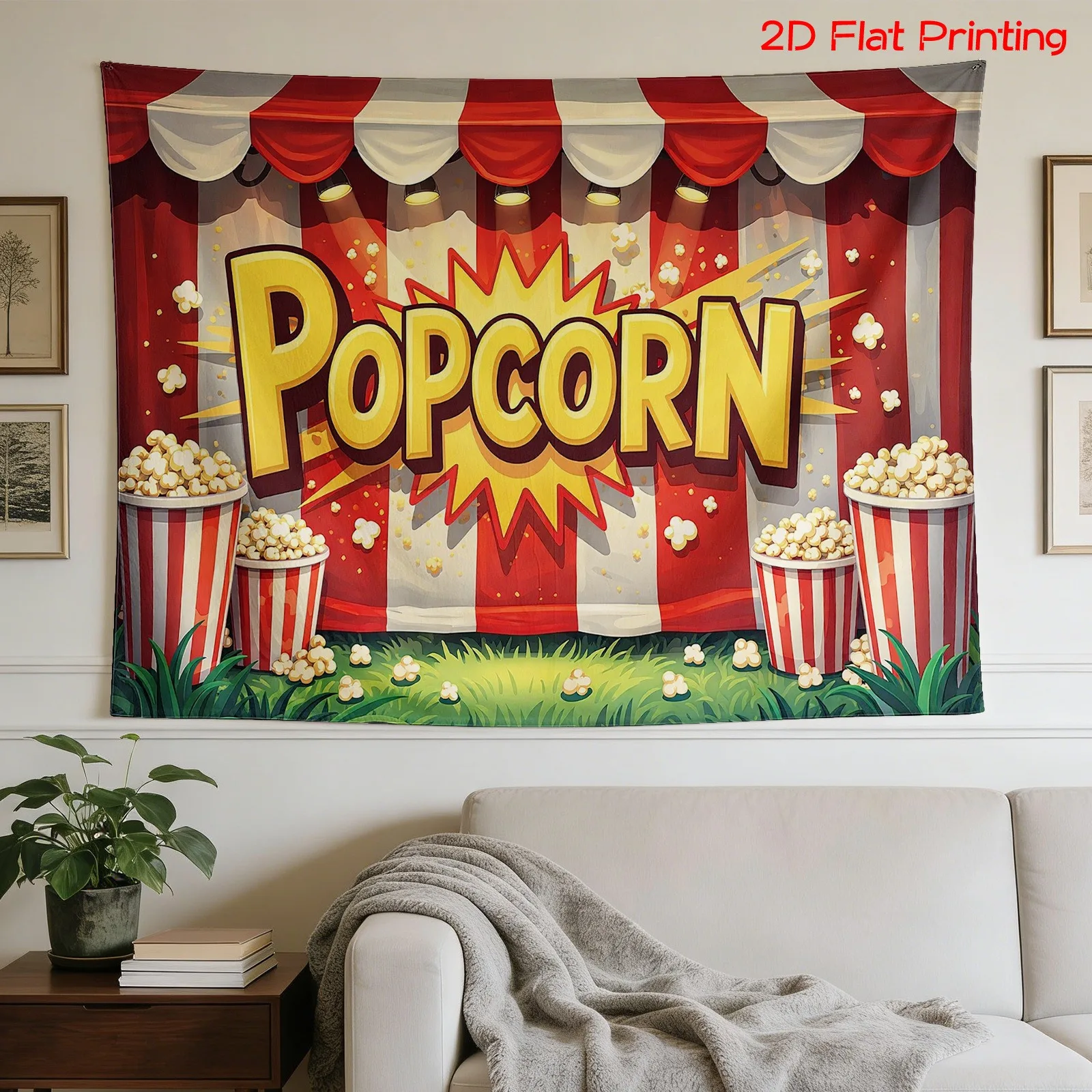 Popcorn Tapestry, Retro Cinema Wall Hanging, Movie Night Decor, Red White Stripe Art Cloth, Home Theater Living Room Ornament