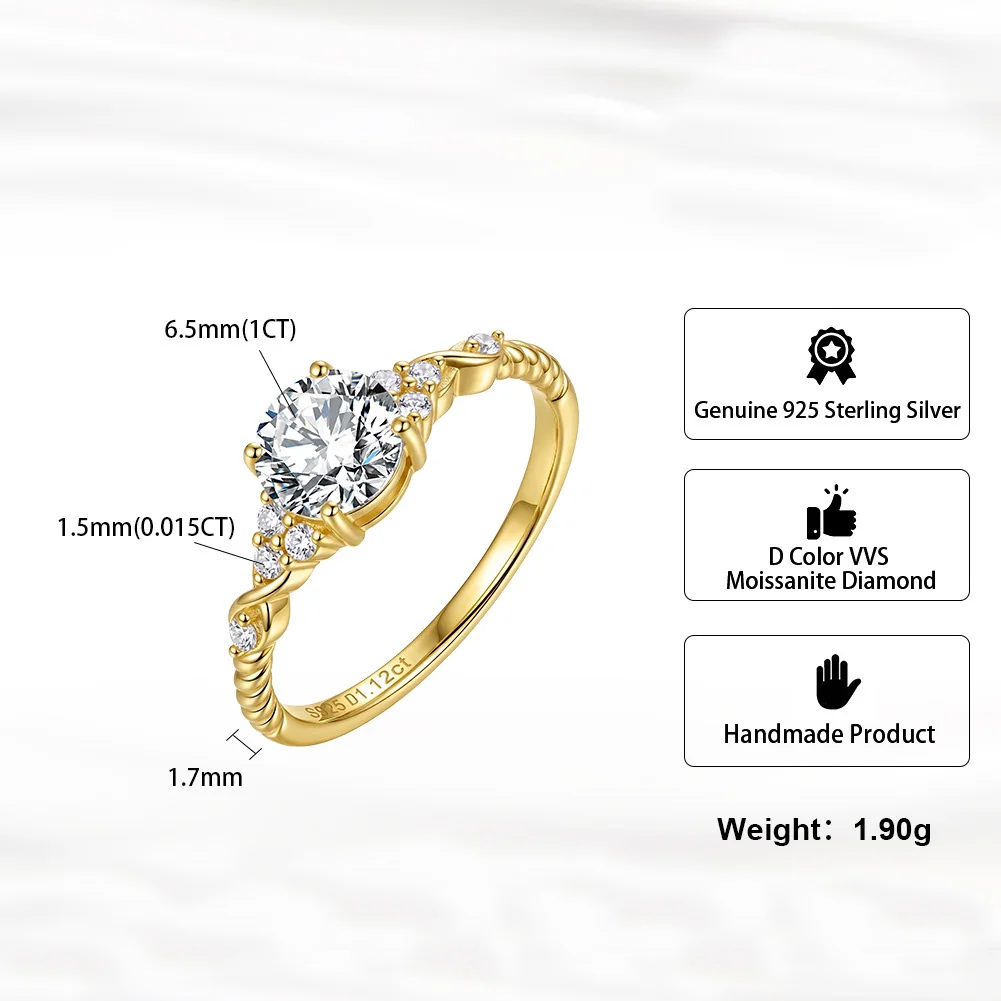 CEICI 1CT 6.5MM Round Cut Moissanite Wedding Rings 100% S925 Sterling Silver 14K Gold for Women Engagement Party Jewelry Gift