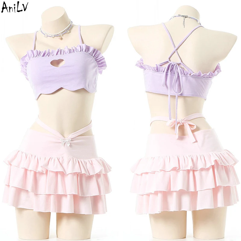 AniLV 2022 Summer Sweet Girl Anime Cute Love Hollow Swimsuit Unifrom Cake Skirt Women Macaron Swimwear Outfits Costumes Cosplay