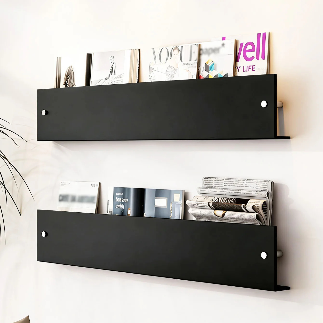 2Pcs Black Wall Mount Magazine Rack, Floating Wall Booklet Holder, Hanging Book & Brochure Display Shelf for Office Home
