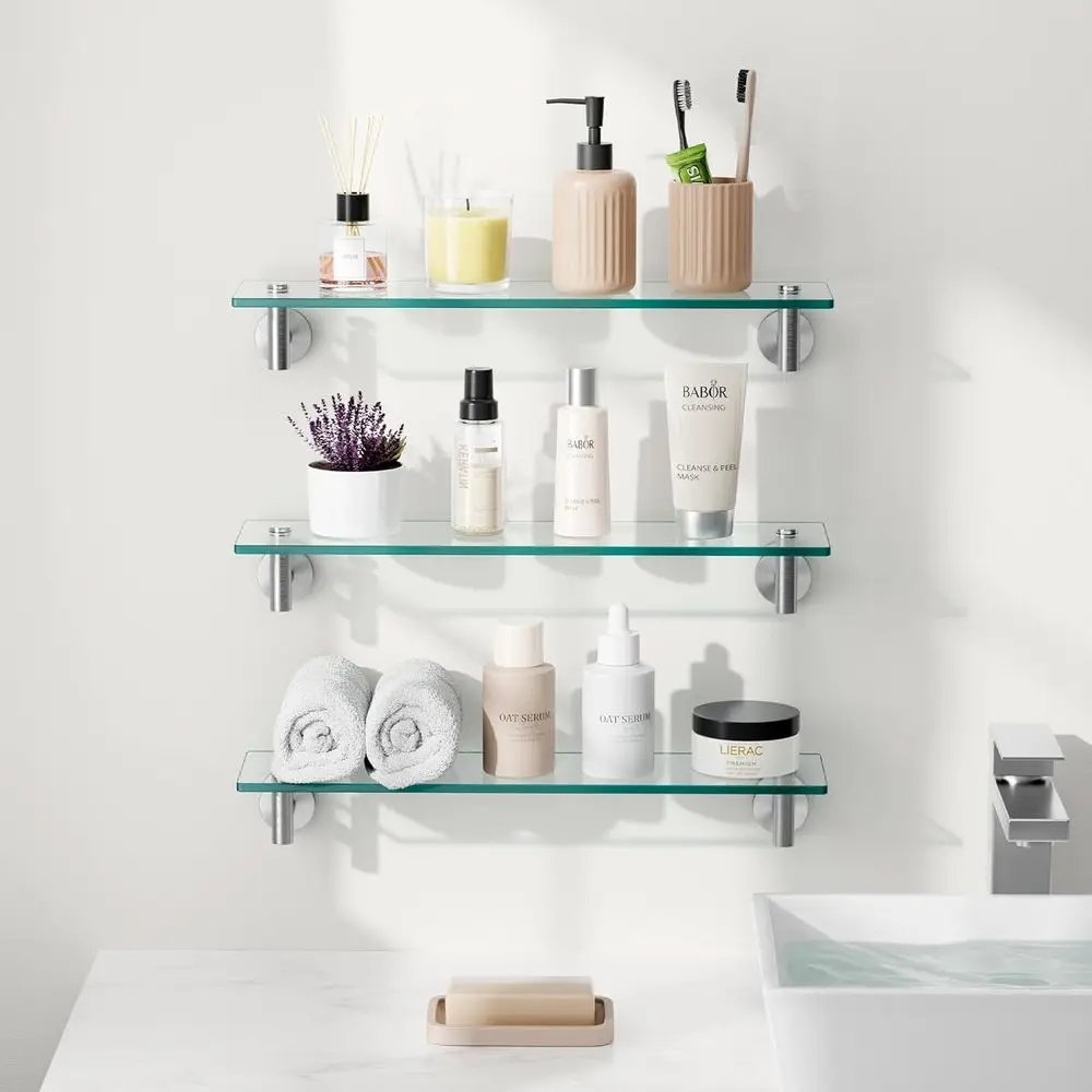 20-Inch 3 Pack Floating Glass Shelves with Wall-Mounted Brushed Stainless Steel Brackets for Bathroom or Kitchen