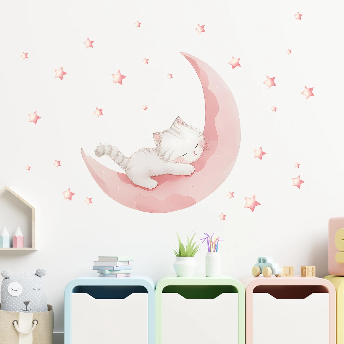 Cartoon Pink Moon Cute Cat Sleep Wall Stickers Baby Room Star Home Decor Accessories Living Room Bedroom Decoration Kids Room