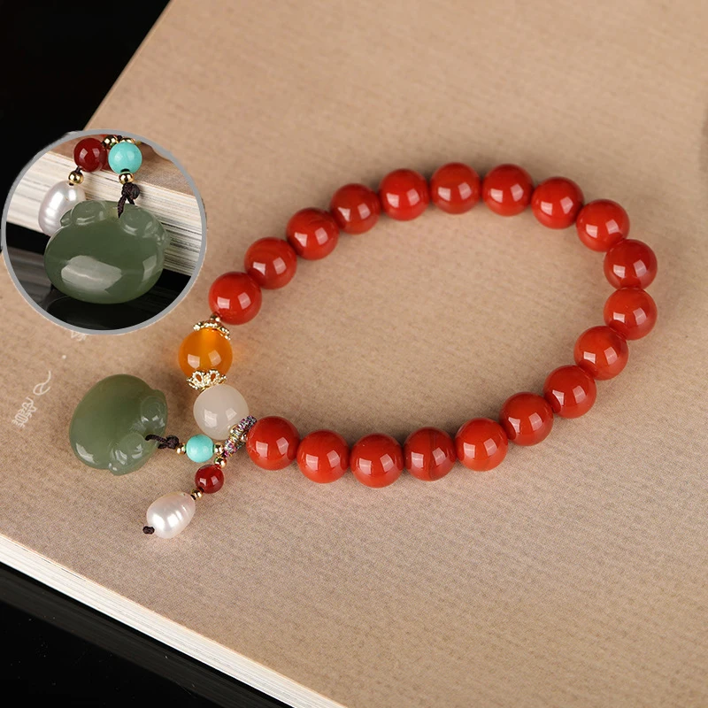 

Agate Attracting Wealth Circle Bead Natural South Red Bracelet With Amber Green Pine Round Bead Bracelet High-Grade Jewelry