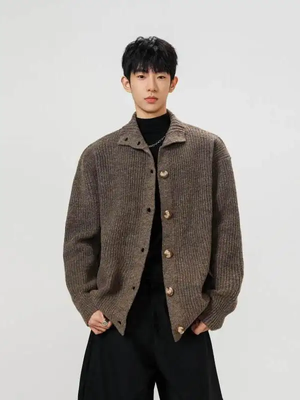 

Мужской кардиган TANGZ Studio в американском ретро-стиле с воротником-стойкой на пуговицах, свободного кроя, вязаный, для повседневной носки