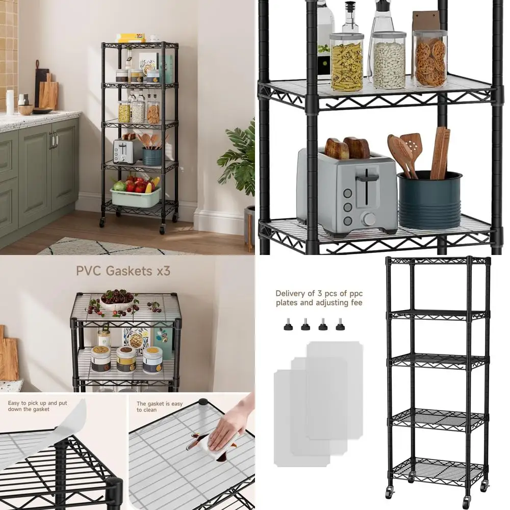 

5-Tier Adjustable Metal Wire Shelving Unit with Wheels, 12 Deep x 18 Wide x 57.2 High, Black for Kitchen, Laundry, Pantry, and B