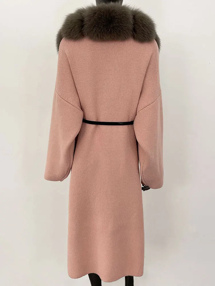 FURYOURSELF 2025 Autumn Winter Kintted Real Raccoon Fur Jacket Women Long Warm Knitwear Jacket Female Belt Natural Fox Fur Coat