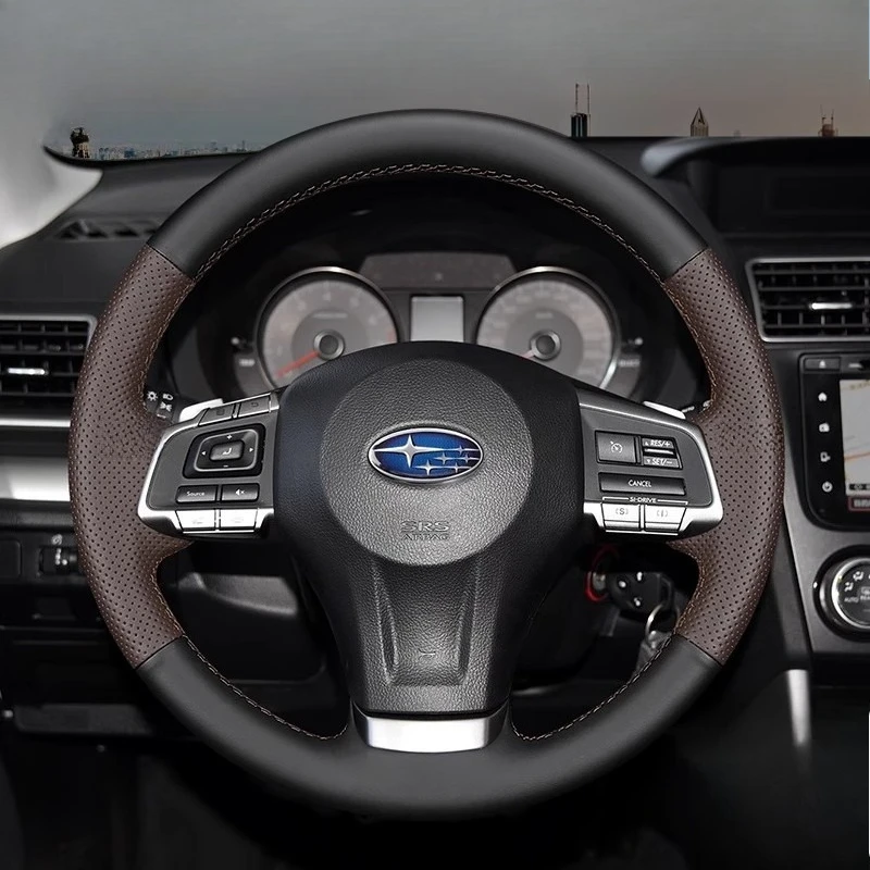 

For Subaru Forester Legacy Outback 2012-2016 Hand Stitched Black brown Genuine Leather Car Steering Wheel Cover Auto Parts
