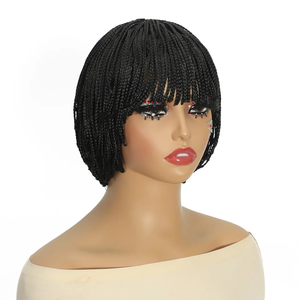 باروكة صناعية مجدولة مع غرة، باروكات قصيرة للنساء، لون أسود وبني للاستخدام اليومي، شعر صناعي من الألياف ذات درجة الحرارة العالية