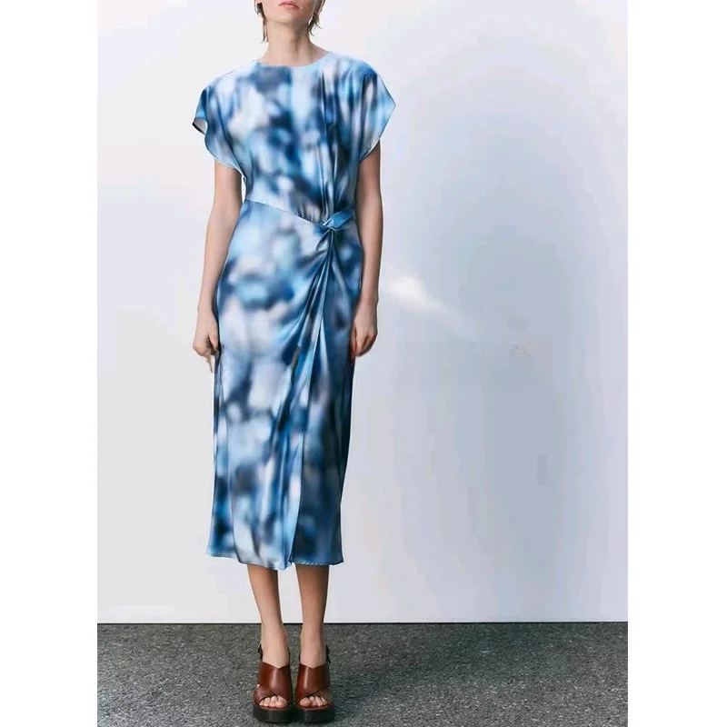 Primavera delle nuove donne tinte vita pieghettata rotonda Ne raso di seta sensazione di media lunghezza Dr Pendolarismo vita alta A-Line estate lunga