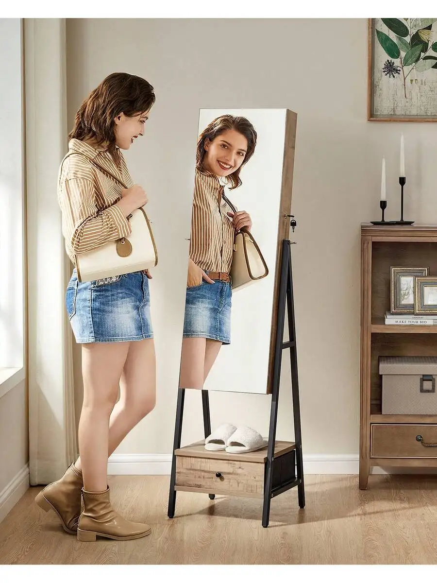LED Mirror Jewelry Cabinet Standing, Lockable Jewelry Armoire With Full-Length Mirror, Space-Saving Jewelry Organizer With Mirro