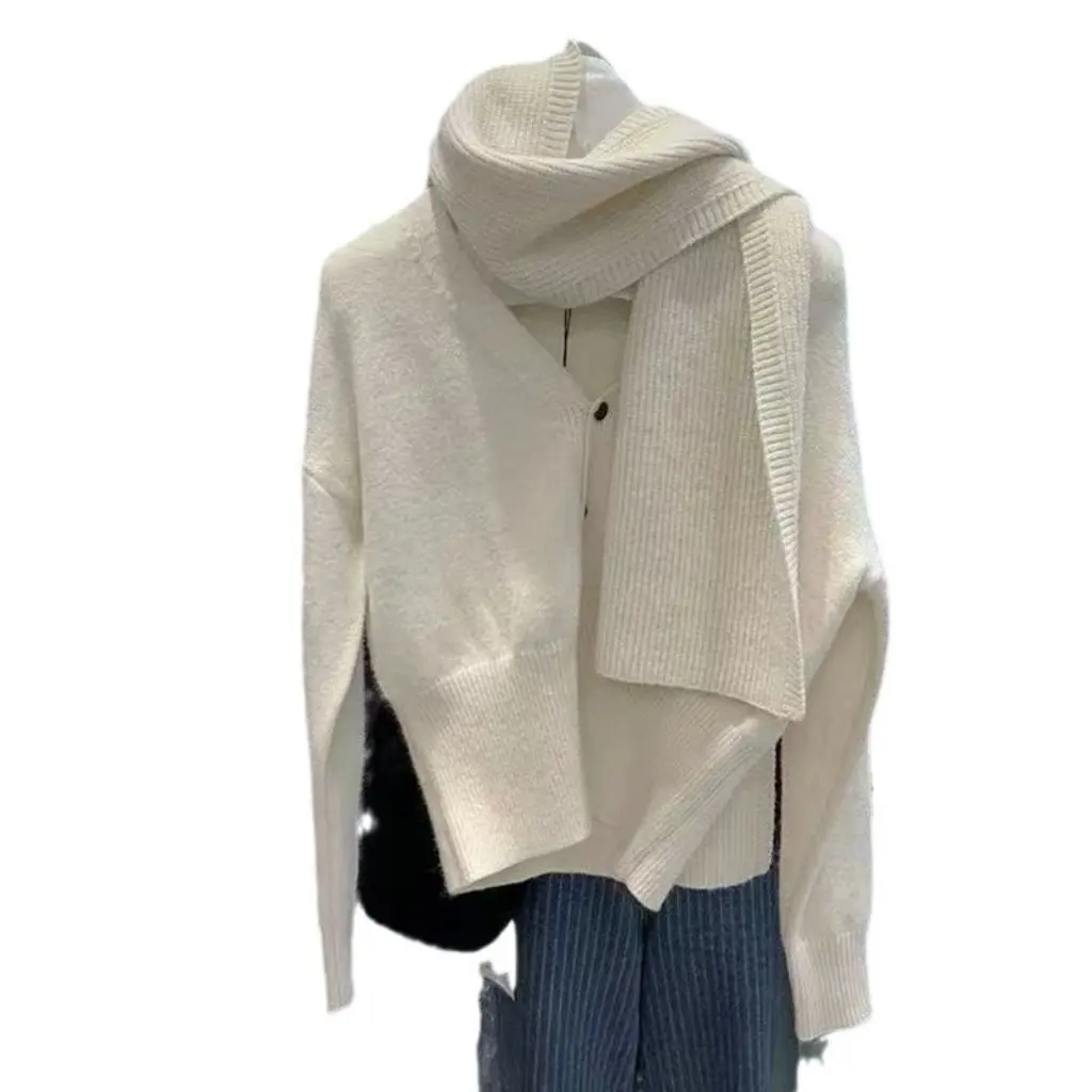 

Korean Slim-Fit V-Neck Long-Sleeve Knitted Cardigan Autumn Winter New Single-Breasted Buttons Scarf Top Women's Fashion