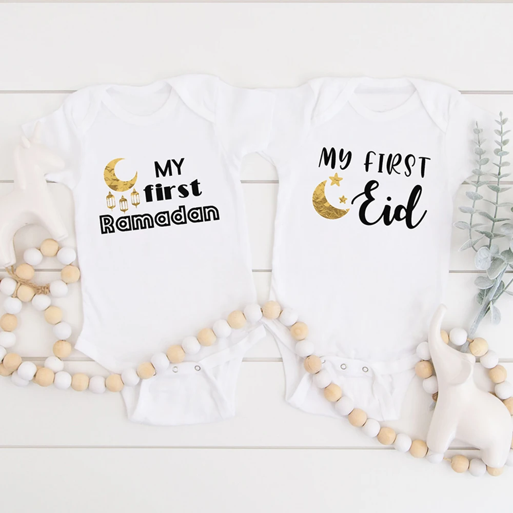 My First Ramadan/Eid Print Baby Romper Newborn Islamic Muslim Holiday Outfit Eid Ramadan Short Sleeve Bodysuit Baby Shower Gift