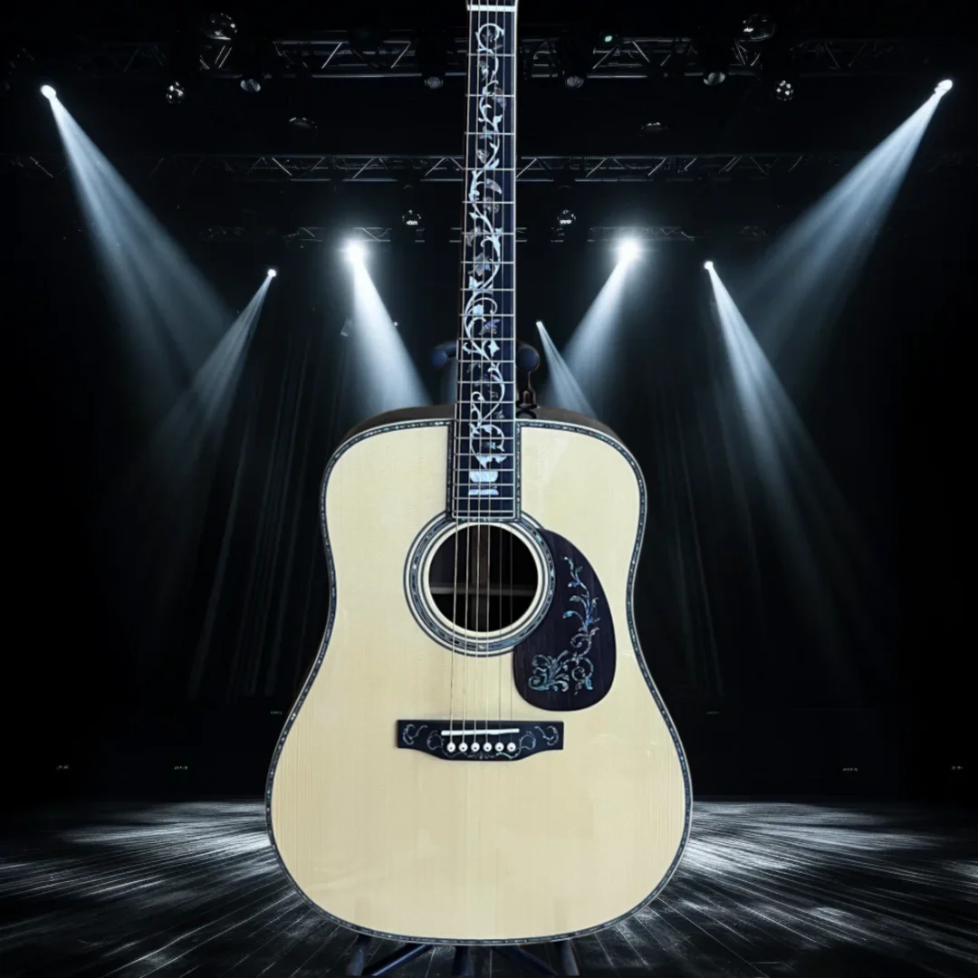 

Акустическая гитара D-45 Style с цельной верхней декой из ели Ситка, задней и боковыми частями из палисандра, грифом из черного дерева, инкрустацией из абалона, 20 ладами. Бесплатная доставка.