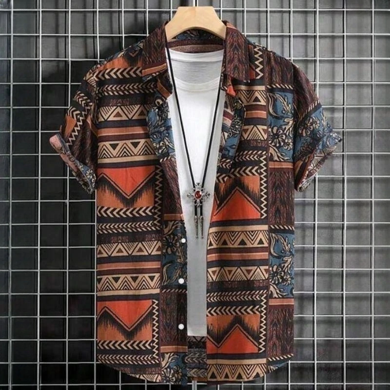 

Vintage Hawaiian Shirts For Men Ethnic Pattern Printed Short Sleeve Tops Fashion Casual Men Clothing Loose Oversized Men's Shirt