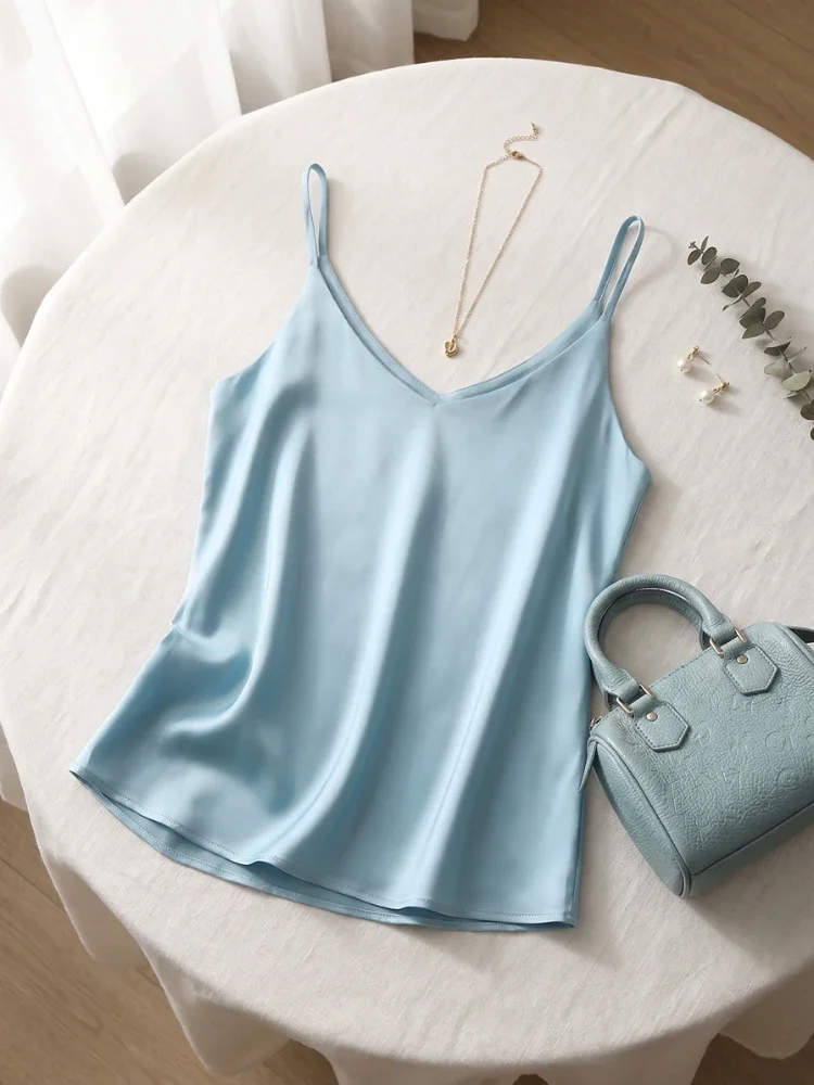 Damen Camisole 2026 Sommer Spaghetti-Träger Damen Tank Top Neckholder V-Ausschnitt Basic Weiß Cami Ärmellos Satin Seide Tops – Detail 5