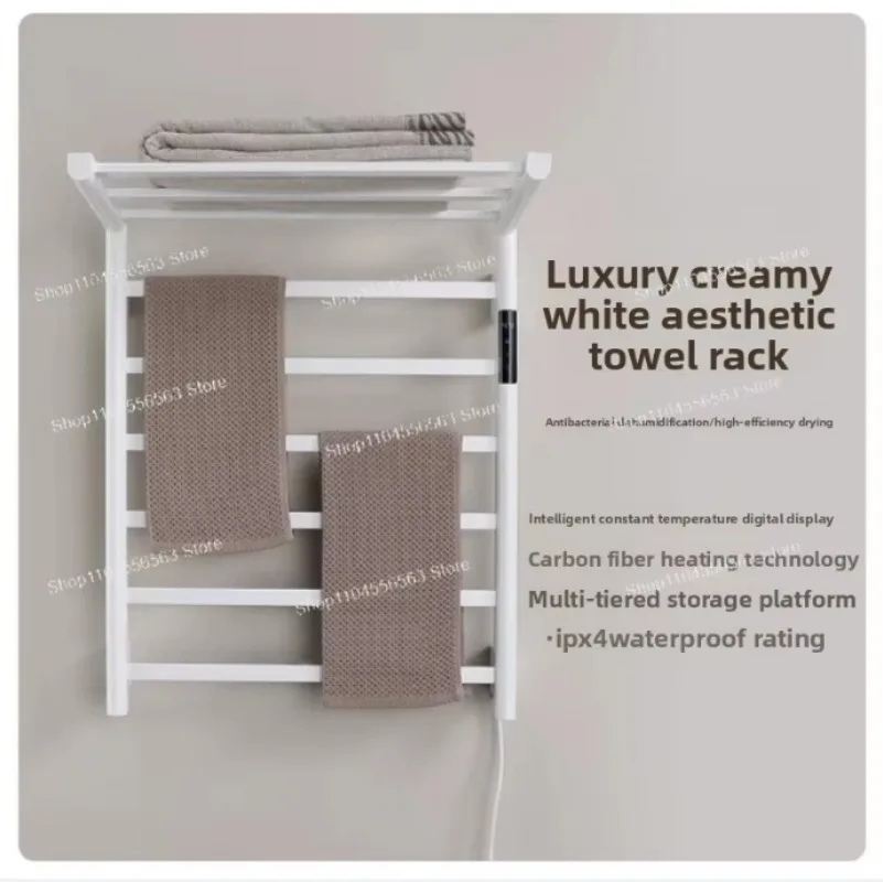 White Folding Intelligent Electric Towel Rack, Digital Display Bathroom Heating Dryer, Surface Mounted Storage Rod, Towel Rack