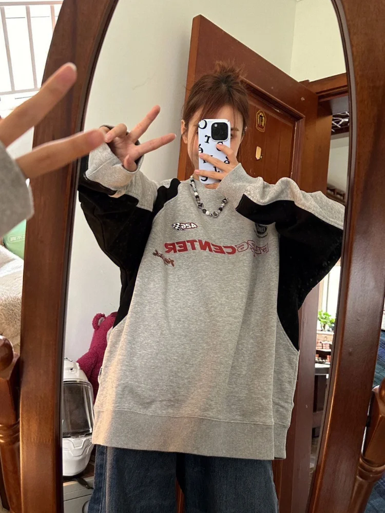 HOUZHOU Y2K Vintage Gray Sweatshirts Women Hip Hop Retro Streetwear Long Sleeve Hoodie Female Harajuku Kpop Patchwork Letter Top