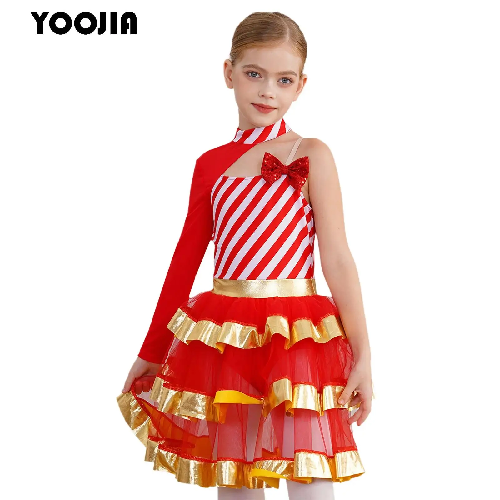 

Christmas Candy Cane Dance Costume for Girls Santa Sweetie Stripes Layered Tutu Ballet Dance Skating Gymnastic Leotard Dress