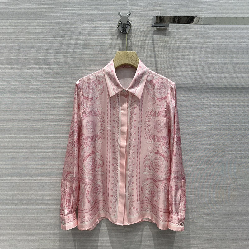 Versa* 2024SS Pink Vintage Printed Silk Blouse Luxury Resort Style Elegant Tops Party Top Branded* High Quality Women's Clothing