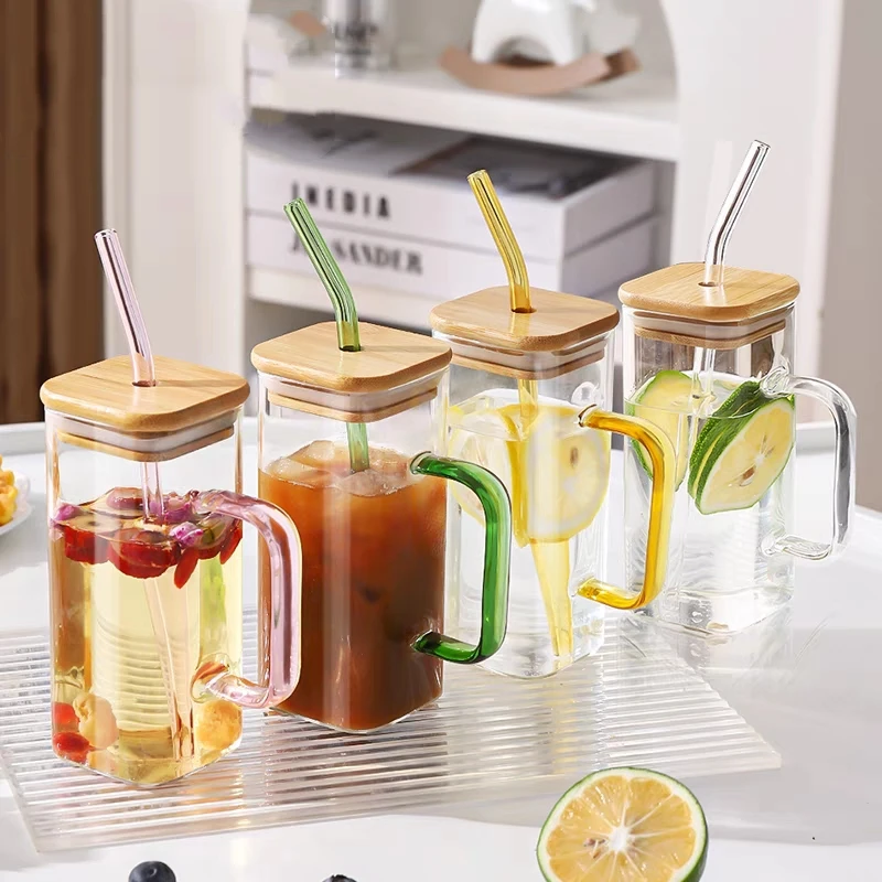 

400ml Square Glass Mug With Lid and Straw Breakfast Milk Cup Microwave Safe Transparent Party Beer Coffee Mug Cocktail kit