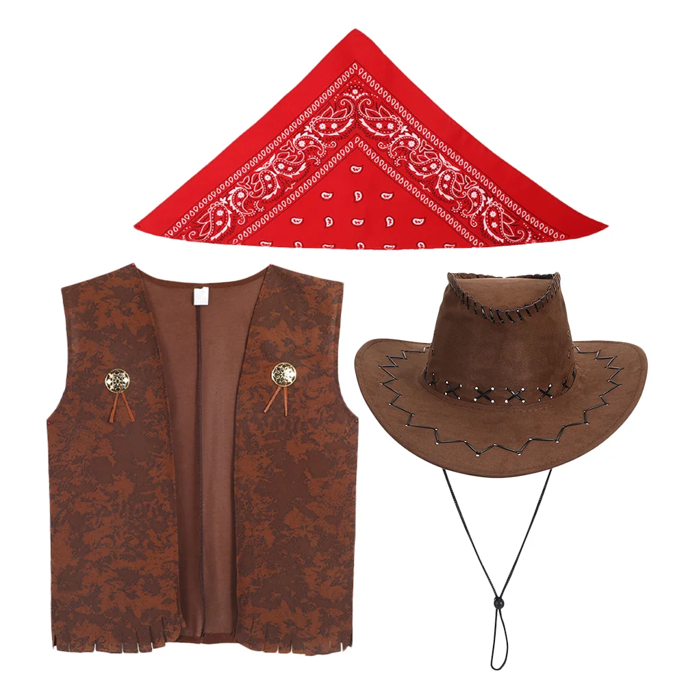 

3 Pcs Carnival Denim Cowboy Toddler Outfit Hat Makeup Farmer Costume Cloth Cowgirl Dress for Girls Costumes