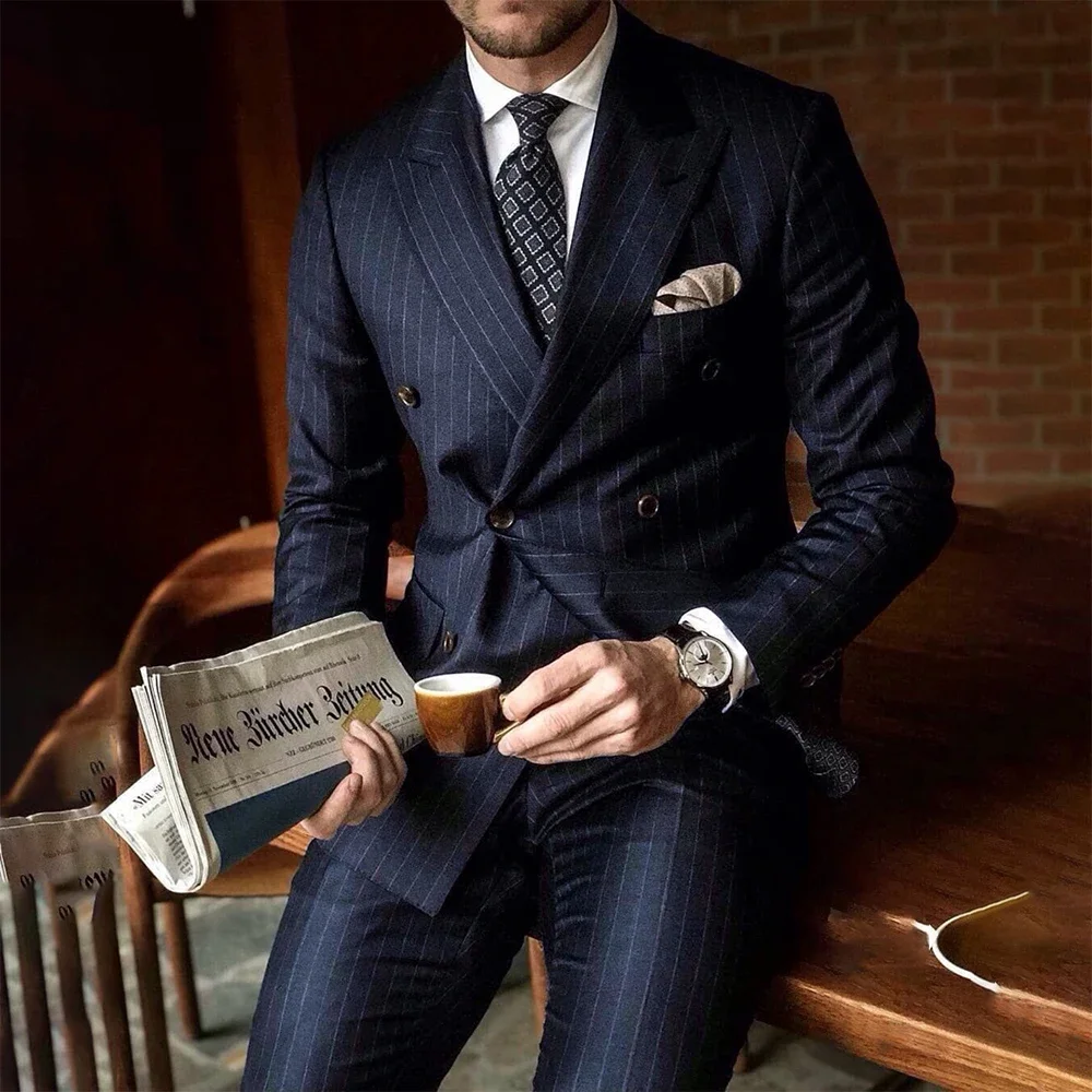 Trendy Navy Blue Striped Men Suit Peak Lapel Double Breasted Male Blazer with Pants Formal Casual Wedding  Slim 2 Pieces