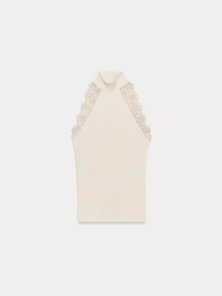 

Весна 2026: Женская универсальная модная футболка с полувысоким воротником, кружевом и рубчатой отделкой, дышащая, приятная к телу, модель 5039003