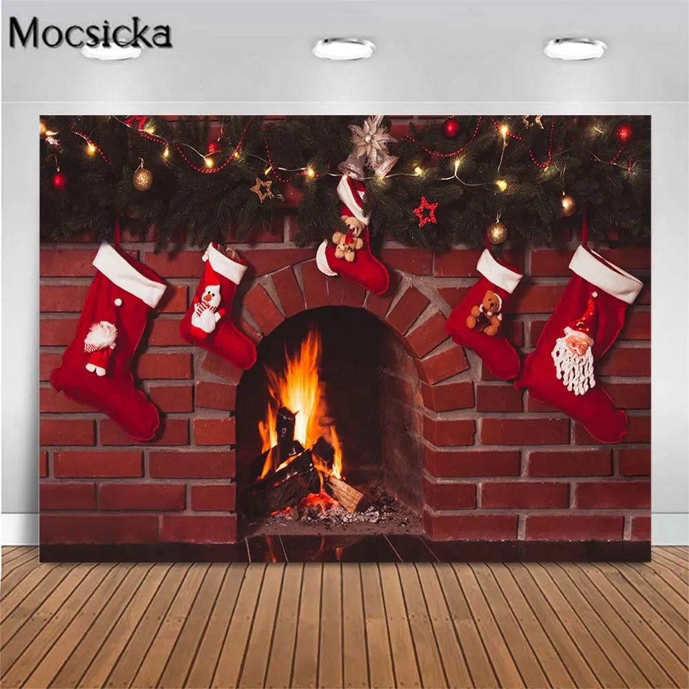 

Mocsicka Christmas Red Brick Fireplace Photo Background Christmas Socks Newborn Portrait Photography Backdrops Xmas Studio Props