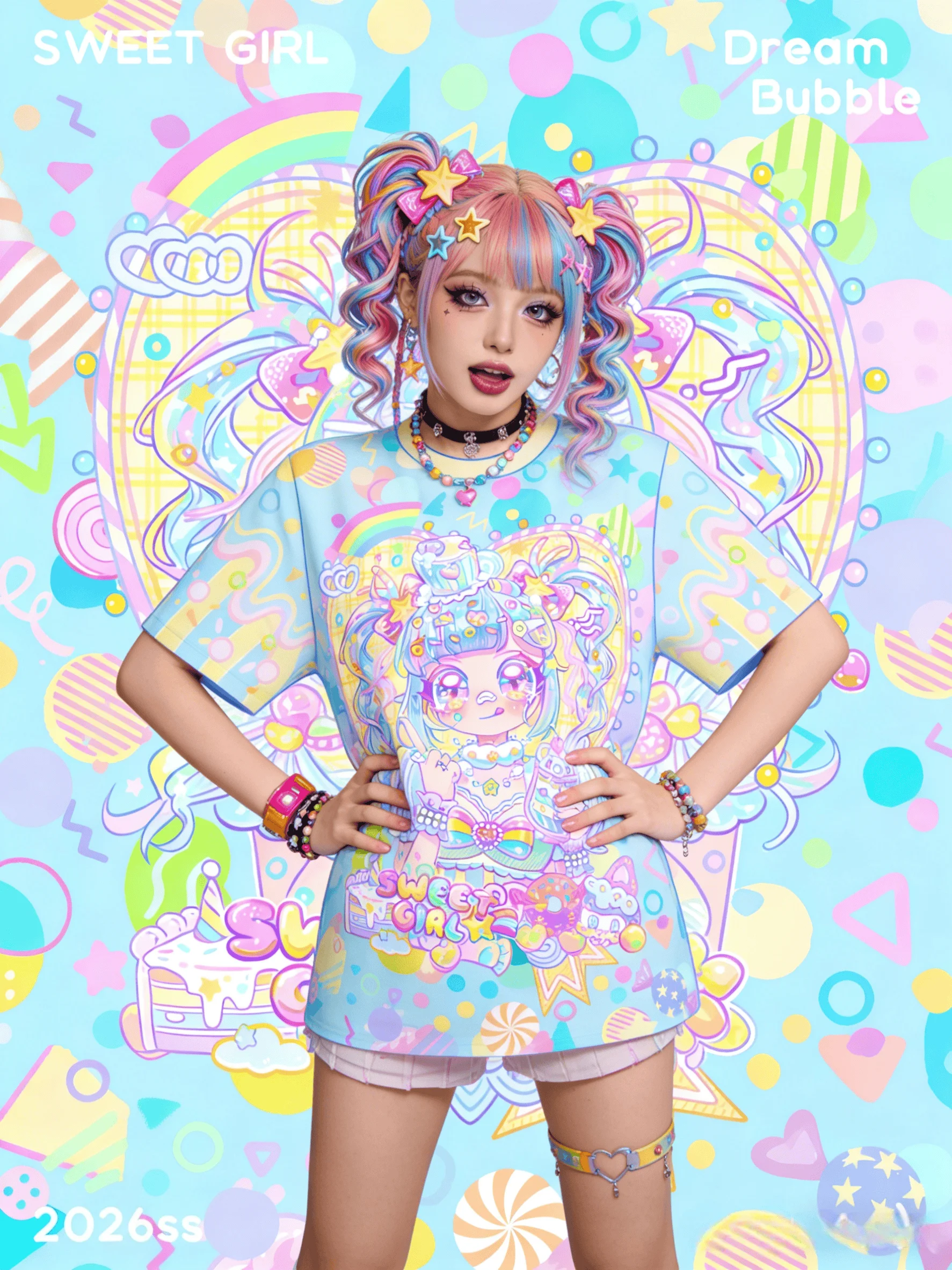 Sweet Girl Limited Edition Macaron Colorful Candy Contrast Full Print T-shirt Y2k Summer Harajuku Style Children/Adult Oversized