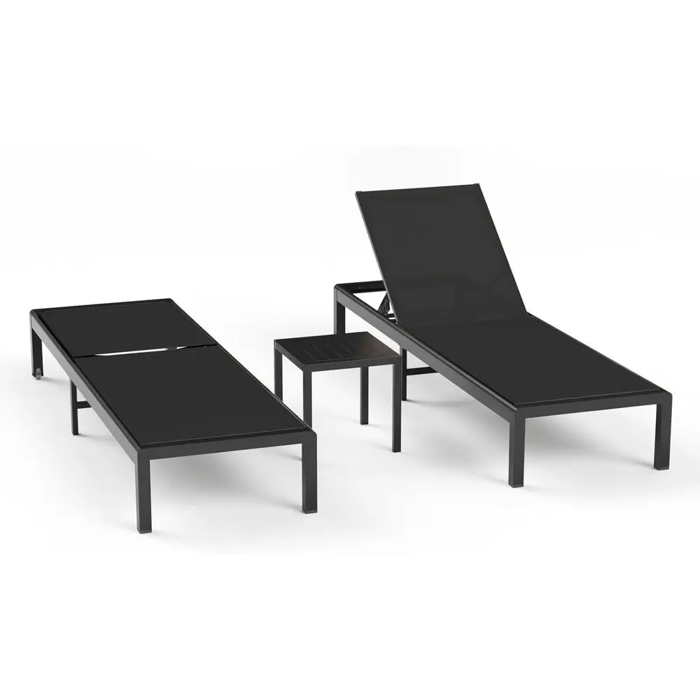 

Outdoor Adjustable 5-Position Metal Chaise Lounge Set with Coffee Table, Black, 2 Chairs + Table