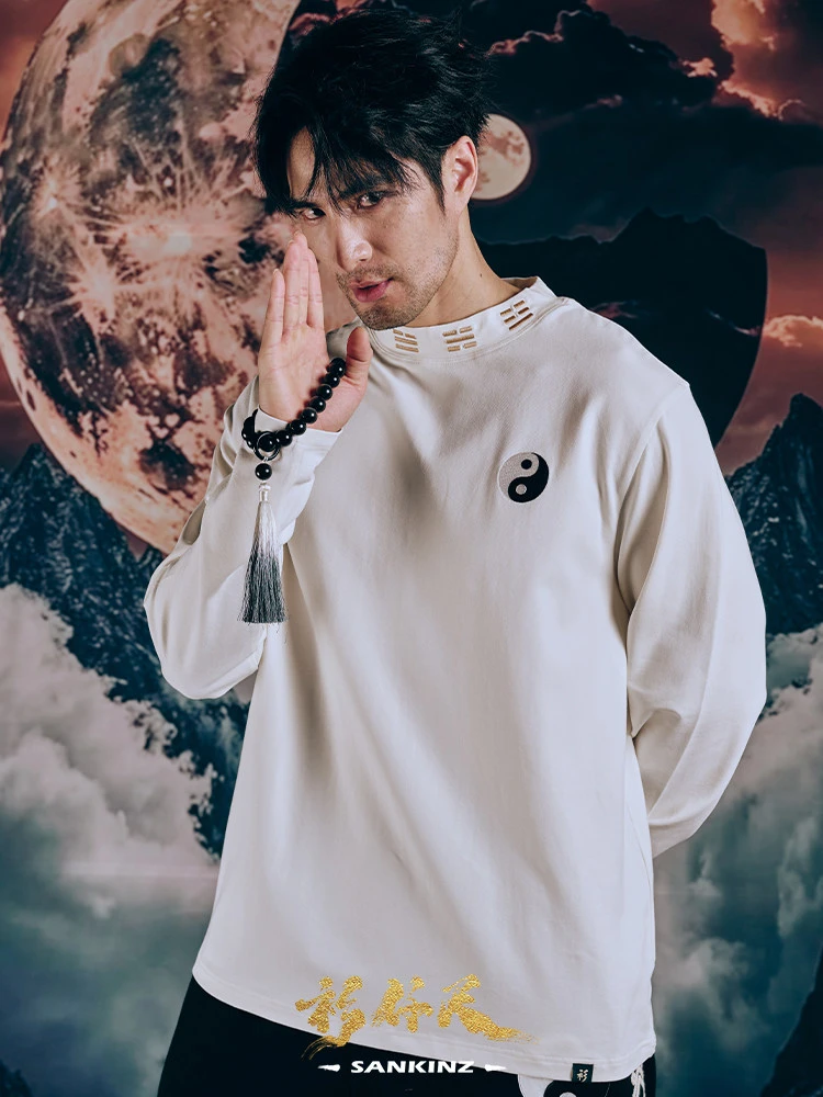 Tai Chi Symbol Long Sleeve T Shirt Men Women Autumn Winter New Original 100% Cotton Embroidered Chinese Style White Base Layer