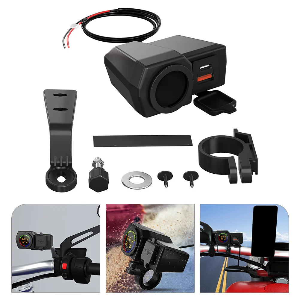 

Motorcycle Phone USB Type-C Dual Port Handlebar Fast Charging Voltmeter Thermometer Cigarette Lighter Plug