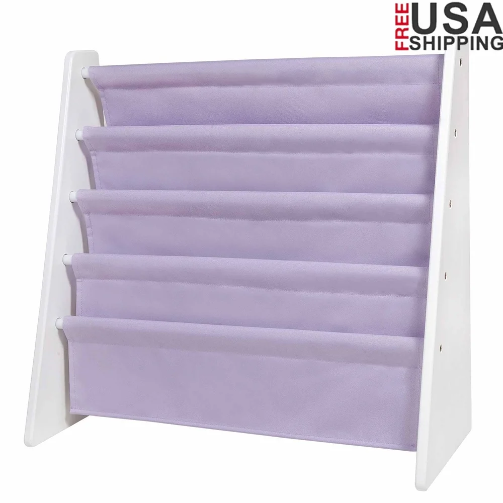 

Kids Sling Book Shelf Wooden Bookrack with Fabric Pockets Easy Book Display Organization Children Ages 3 to 10