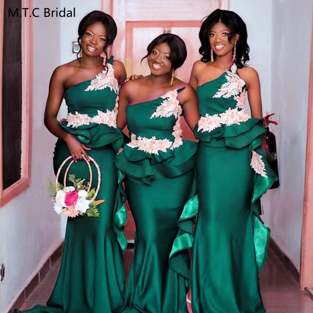 Wonderful Mermaid Long Green Bridesmaid Dresses Appliques Satin One Shoulder High Quality Wedding Guest Gowns Custom Made