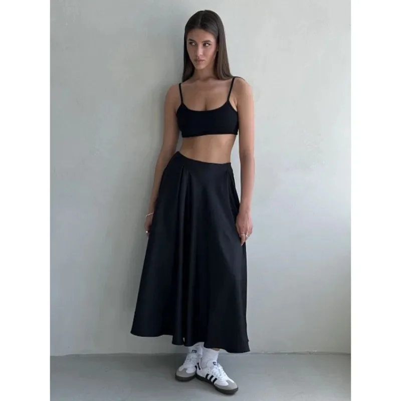 

Elegant High-Waist Satin Sateen Long Midi Skirt New Versatile Solid Color Flared Skirt High Street Women's Acetate Midi Skirt