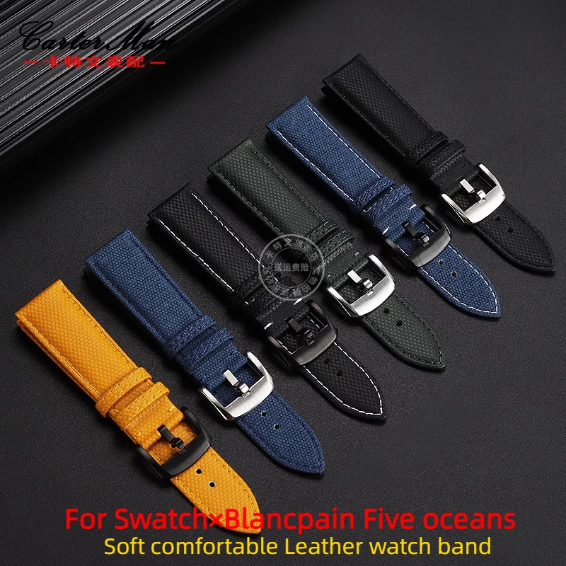 

Leather watch band For Swatch×Blancpain Five oceans Watch strap Man 22mm Black blue yellow green Folding buckle Watch strap