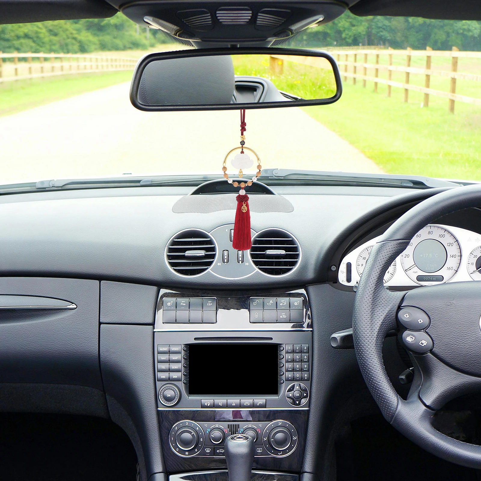 

Rear View Mirror Pendant Lotus Beads White Glass Cloud Pattern Hanging Blessing nament Car Interior Decoration Feng Shui Tassel