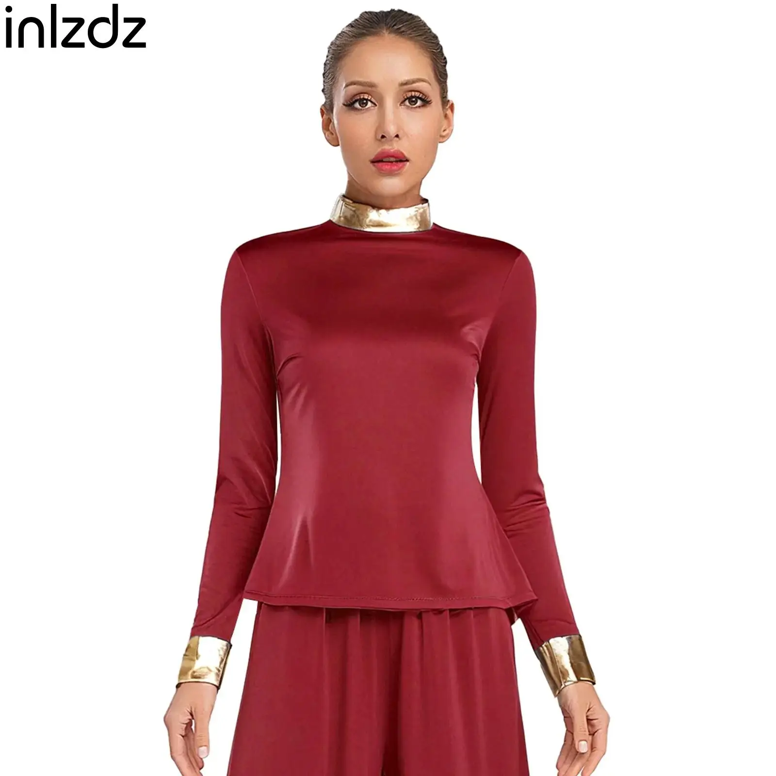 

Women Worship Praise Dance Tops Long Sleeve Shiny Spliced T-shirt Blouses for Lyrical Dance Celebrations Performance Dance Party