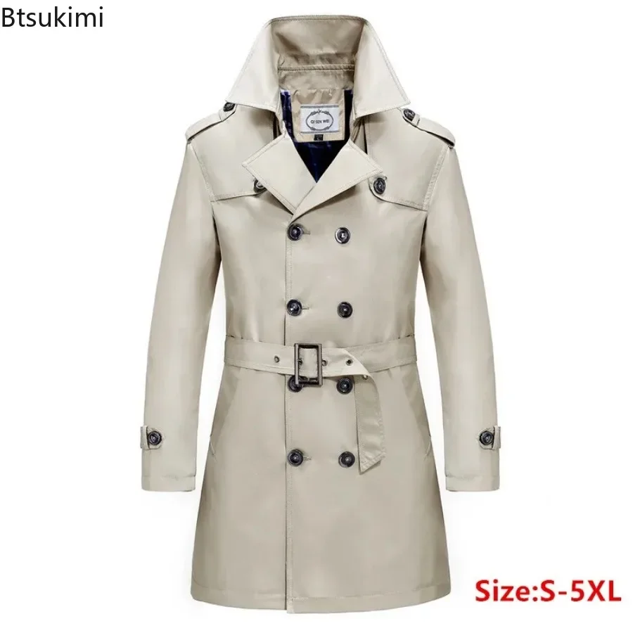 New British Style Men\'s Business Office Long Trench Coats with Belt Fashion Slim Windbreak Overcoat Male Double Breasted Jackets