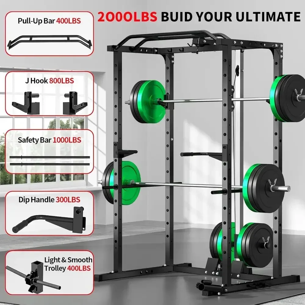 2000LBS Capacity Power Rack with Lat Pulldown, Multi-Function Cable System, Safety Arms, Landmine, Pull-Up Bar, and Accessories,
