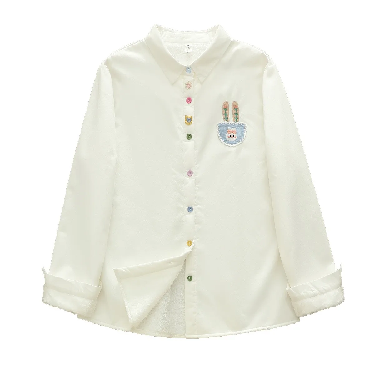 [Gotowy towar] Wysokiej jakości damska bluzka z czystej bawełny, koszula, odmładzająca, z haftem z kreskówkowymi naszywkami, kolorowe zapięcie, polarowe topy