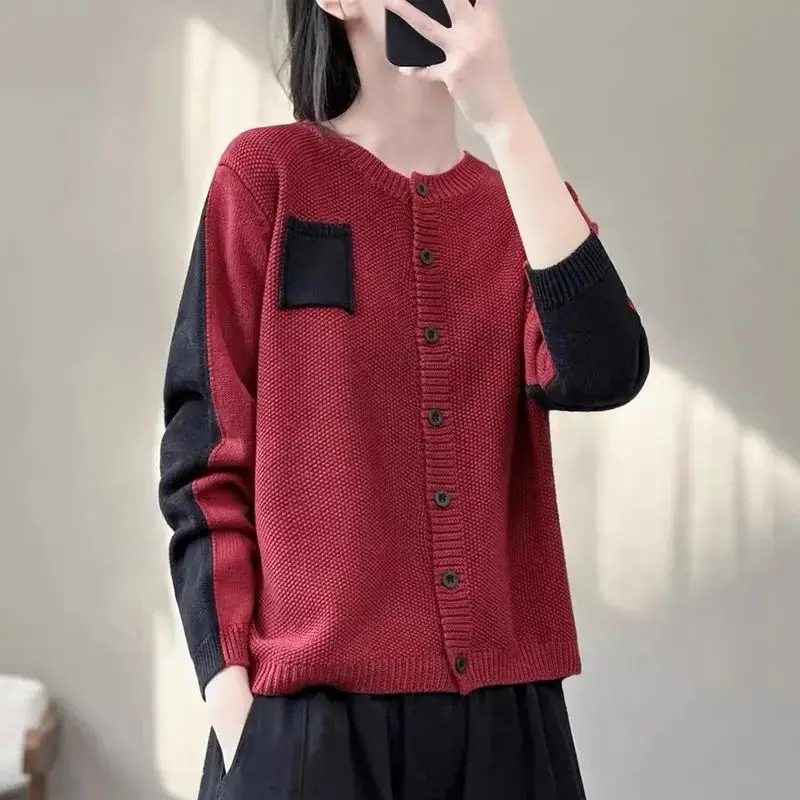 Vintage Autumn/Winter New Sweaters Cardigan Coat Women\'s O-Neck Contrast Color Patchwork Button Fashion Long Sleeve Knitted Tops