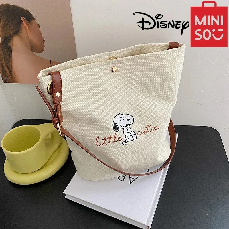 MINISO Disney Series Snoopy Women\'s Cute Bucket Bag Fashion Canvas Shoulder Bag Classic Letter Print Casual Crossbody Bag