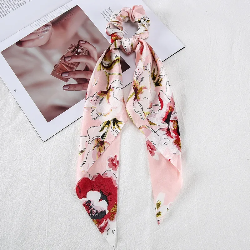 Romantic Silk Scarf  Rope Girl Hair Accessoires Retro Bow Hair Ring Chiffon Elastic Hair Bands Printed Ribbon Circle