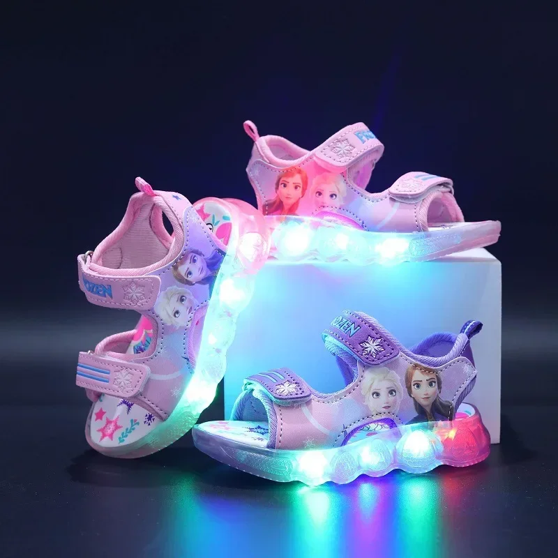 Disney Summer New boys and girls elsa Cartoon Sandals Korean Frozen kids sandals led light Kids beach shoes