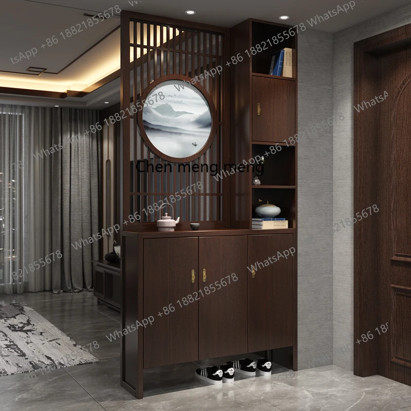 

living room rack, entrance door, solid wood facing the door, entrance cabinet, shoe cabinet integrated new Chinese style