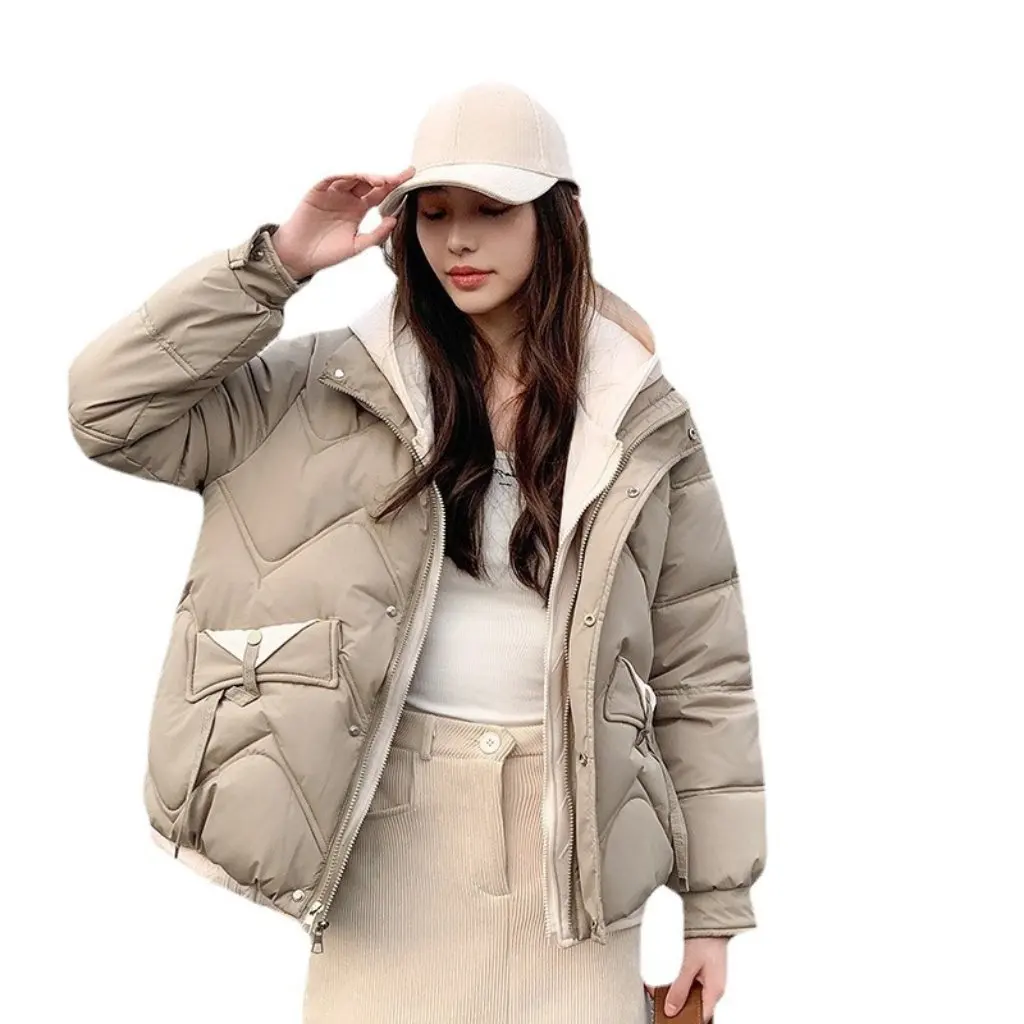 한국 스타일 후드 숏 코튼 패딩 재킷 여성용 두꺼운 따뜻한 루즈핏 페이크 투피스 스타일 학생 친화적